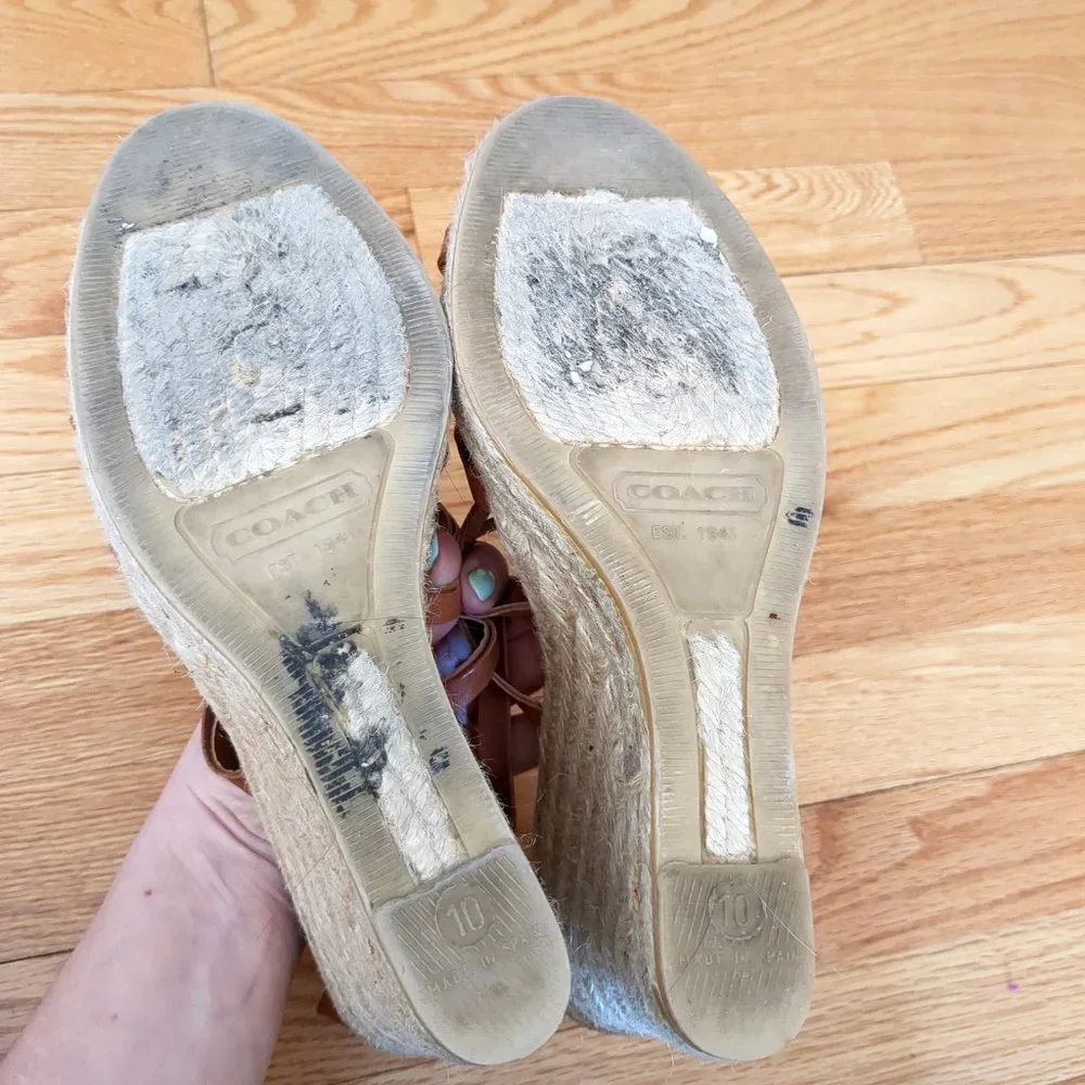 [SOLD] Coach Cognac Brown Leather Caged T-Strap Espadrille Wedge Strappy Sandals - Picture 9 of 16